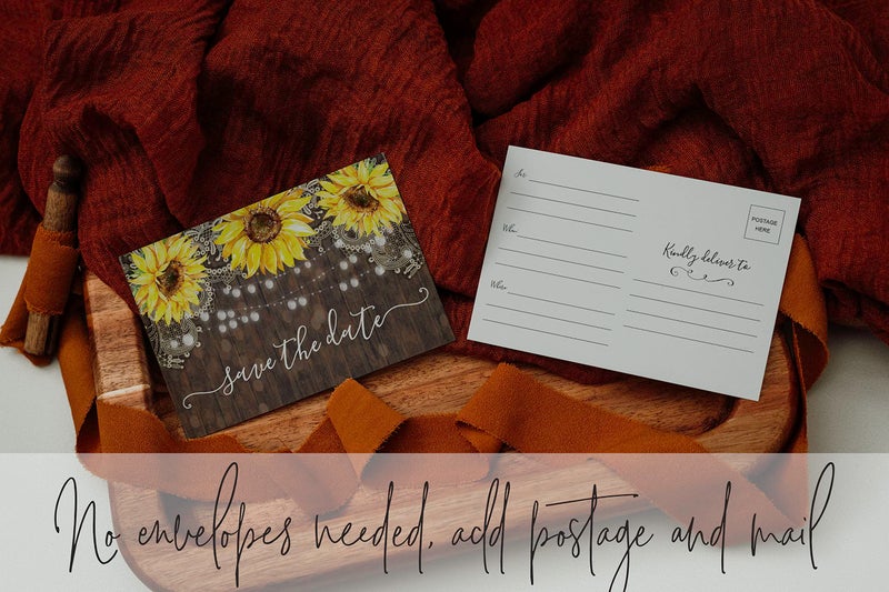 Your Main Event Prints 50 Sunflower Save The Date Cards for Wedding, Engagement, Anniversary, Baby Shower, Birthday Party - Wood Save The Dates Postcard Invitations - 4x6, No Envelopes Needed - Image 3